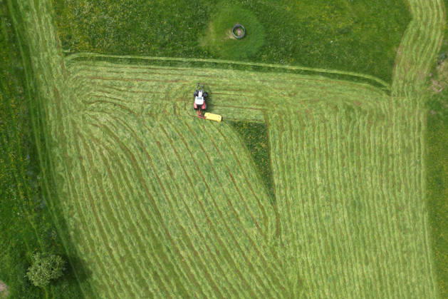 Luftaufnahme. Fruehling (Frühling) im Siegerland. Eine saftig gruene (grüne) Wiese wird von einem Traktor mit einem Maehwerk (Mähwerk) bei Siegen-Oberschelden gemaeht (gemäht). Fruehling (Frühling) im Siegerland am 23.05.2026 in Siegen Deutschland.