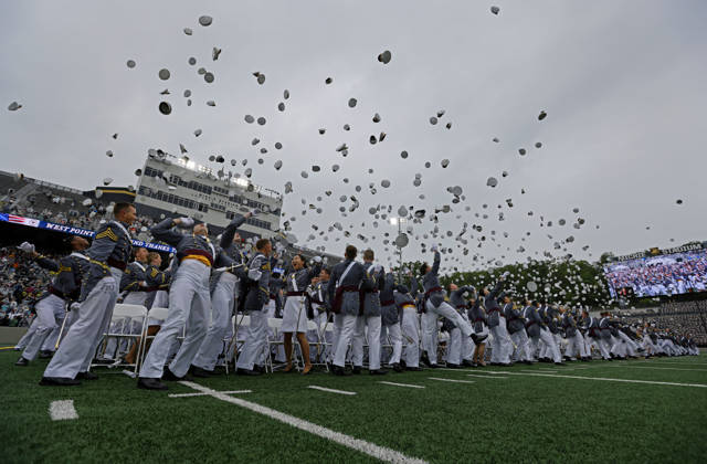 The Graduating Cadets commence the hat toss at the conclusion of the West Point Class of 2026 s commencement ceremony in Michie Stadium at the United States Military Academy in West Point, New York on Saturday, May 23, 2026. .  NYP202605239018 PeterxFoley