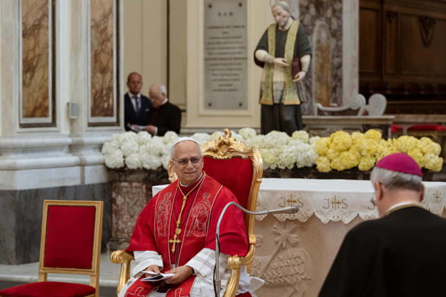 May 23, 2026, Acerra, Napoli, Italy: The Pope seen while smiling during the speech of the local Bishop. Pope Leo XIV visited Acerra for his patroral itinerary. He was the first Pope to visit the Land of Fires, a region affected by illegal dumping and burning of toxic waste in Campania region in Italy and meet families of victims of pollution in the Cathedral of Santa Maria Assunta in Acerra. Acerra Italy - ZUMAf172 20260523_zip_f172_032 Copyright: xValeriaxFerrarox