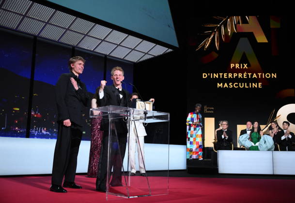 Cannes - Closing Ceremony Belgian actor Emmanuel Macchia and French actor Valentin Campagne celebrate on stage after winning ex-aequo the Best Actor Prize for the film Coward on stage during the closing ceremony of the 79th edition of the Cannes Film Festival in Cannes, France on May 23, 2026. Photo by Eliot Blondet ABACAPRESS.COM Cannes France  Copyright: xBlondetxEliot ABACAx