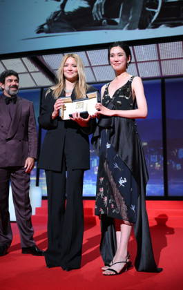 Cannes - Closing Ceremony Japanese actress Tao Okamoto and Belgian actress Virginie Efira celebrate after winning ex-aequo the Best Actress Prize for the film Soudain (All of a Sudden) during the closing ceremony of the 79th edition of the Cannes Film Festival in Cannes, France on May 23, 2026. Photo by Eliot Blondet ABACAPRESS.COM Cannes France  Copyright: xBlondetxEliot ABACAx