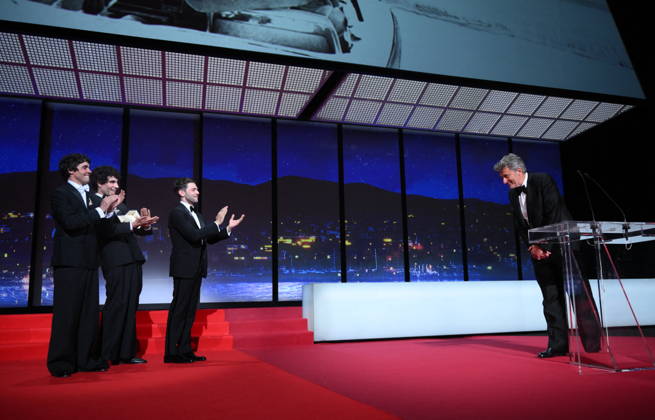 Cannes - Closing Ceremony Spanish director, screenwriter and producer Javier Ambrossi and Spanish director, screenwriter and producer Javier Calvo celebrate after winning the Best Director Prize for the film La Bola Negra during the closing ceremony of the 79th edition of the Cannes Film Festival in Cannes, France on May 23, 2026. Photo by Eliot Blondet ABACAPRESS.COM Cannes France  Copyright: xBlondetxEliot ABACAx