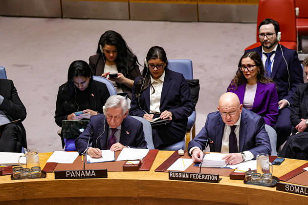 May 23, 2026, New York, New York, USA: VASSILY NEBENZIA on right, Permanent Representative of Russia to the UN, speaks during an emergency UN Security Council meeting on Ukraine at UNHQ following Russian allegations of a Ukrainian drone strike on a vocational school and student dormitory in Russian-controlled Luhansk, which Ukraine denies targeted civilians. New York USA - ZUMAo116 20260523_znp_o116_016 Copyright: xBiancaxOterox