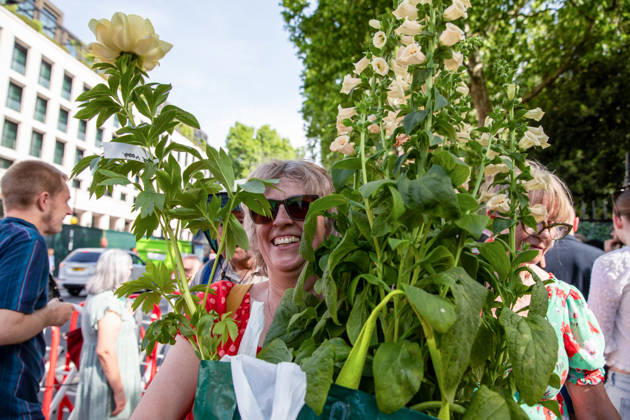May 23, 2026, London, United Kingdom: A visitor to the last day of the RHS Chelsea Flower Show stands holding two plants. Members of the public leave the Chelsea Flower Show carrying flowers, plants, and garden ornaments purchased from the exhibition displays on the event™s final day. As the famous horticultural showcase drew to a close, visitors were seen transporting blooms, shrubs and decorative items through the streets of Chelsea after buying pieces from the award-winning gardens and floral exhibits. London United Kingdom - ZUMAs197 20260523_aaa_s197_502 Copyright: xJamesxWilloughbyx