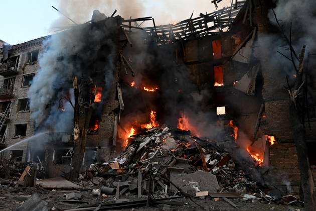 May 24, 2026, Kyiv, Ukraine: Firefighters work at the scene of a fire in a destroyed apartment building as a result of a Russian missile attack. A large ballistic missile attack pounded Kyiv early on May 24, authorities said, wounding at least five people after Moscow threatened retaliation for strikes in Russian-occupied eastern Ukraine. Kyiv Ukraine  - ZUMAs197 20260524_aaa_s197_019 Copyright: xAleksandrxGusevx
