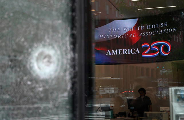 Bullet holes and shattered glass remain at The People s House near White House Complex Bullet holes and shattered glass remain at The People s House, on May 24, 2026, in Washington, DC after the U.S. Secret Service shot a person near the White House on Saturday. On Saturday, May 23, two people were struck in a shooting near the intersection of Pennsylvania Avenue and 17th Street Northwest, located just outside the White House complex. Photo by Olivier Douliery ABACAPRESS.COM Washington DC United States  Copyright: xDoulieryxOlivier ABACAx
