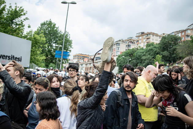 May 24, 2026, Istanbul, Istanbul, Turkey: Students, labor unions and civil society groups clashed with riot police on the third day after Istanbul Bilgi University was allegedly shut down by presidential decree signed by Turkish President Recep Tayyip Erdogan in Istanbul, Turkey, on May 22, 2026. Students occupying university buildings in protest against the closure decision were forcibly removed from the campus by police. Riot police used pepper spray during the intervention as violent scuffles erupted around the university. Demonstrators continued to protest in defense of academic freedom and university autonomy amid a heavy police presence. Istanbul Turkey  - ZUMAt171 20260524_zip_t171_009 Copyright: xAbdullahxTepelix