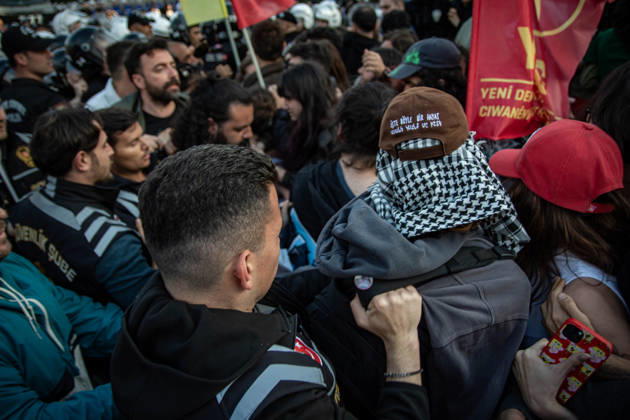 May 24, 2026, Istanbul, Istanbul, Turkey: Students, labor unions and civil society groups clashed with riot police on the third day after Istanbul Bilgi University was allegedly shut down by presidential decree signed by Turkish President Recep Tayyip Erdogan in Istanbul, Turkey, on May 22, 2026. Students occupying university buildings in protest against the closure decision were forcibly removed from the campus by police. Riot police used pepper spray during the intervention as violent scuffles erupted around the university. Demonstrators continued to protest in defense of academic freedom and university autonomy amid a heavy police presence. Istanbul Turkey - ZUMAt171 20260524_zip_t171_035 Copyright: xAbdullahxTepelix