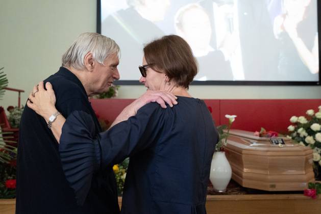 May 24, 2026, Pollenzo, Cn, Italy: Don Luigi Ciotti at the funeral ceremony for Carlo Petrini, founder of Slow Food, the Terra Madre food fair, and the University of Pollenzo. Pictured, Ciotti bids farewell to Chiara Petrini, Carlo s sister. Pollenzo, May 24, 2026 Pollenzo Italy - ZUMAa289 20260524_zia_a289_048 Copyright: xSelenexDanielex xAgfx