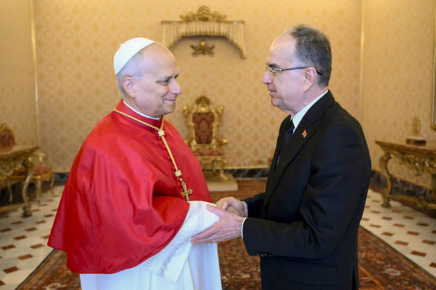 ITALY - POPE LEO XIV RECEIVES IN PRIVATA AUDIENCE HIS EXCELLENCY NR BAJRAM BAGAJ IN THE VATICAN- 2026 5 25 Italy, Rome, Vatican, 2026 5 25.Pope Leo XIV receives in a private audience His Excellency Mr. Bajram Begaj, President of the Republic of Albania in The Vatican EDITORIAL USE ONLY - NO BOOKS Copyright: xVATICANxMEDIAx