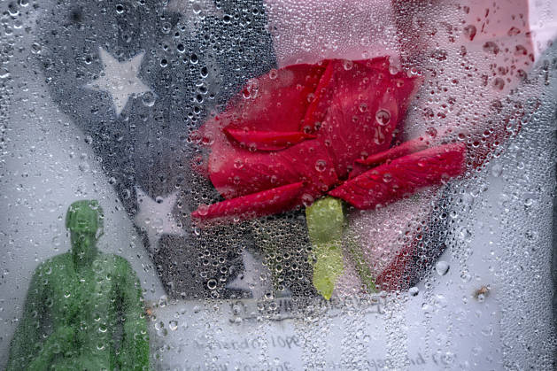 A shadow box with a flower and army figure is seen at the Vietnam Veterans Memorial on Memorial Day in Washington, DC on Monday, May 25, 2026.  WAP20260525305 BONNIExCASH