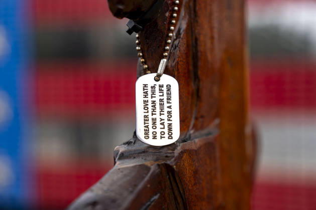 An art instillation from Veterans and Athletes United featuring a dog tag hanging from combat boots is seen outside the Lincoln Memorial on Memorial Day in Washington, DC on Monday, May 25, 2026.  WAP20260525301 BONNIExCASH