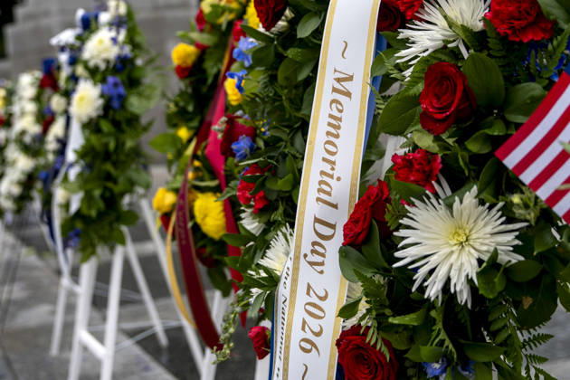 Wreaths stand at the World War II Memorial on Memorial Day in Washington, DC on Monday, May 25, 2026.  WAP20260525320 BONNIExCASH