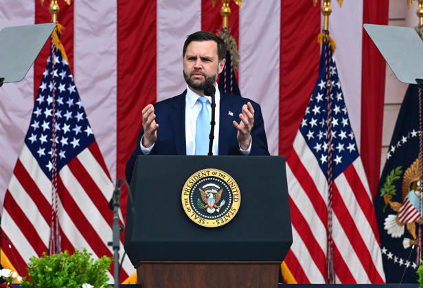 United States Vice President JD Vance speaks prior to US President Donald J Trump delivering remarks in the Amphitheater after laying a wreath at the Tomb of the Unknowns at Arlington National Cemetery in Arlington, Virginia on Memorial Day, Monday, May 25, 2026.  WAX20260525261 KylexMazza