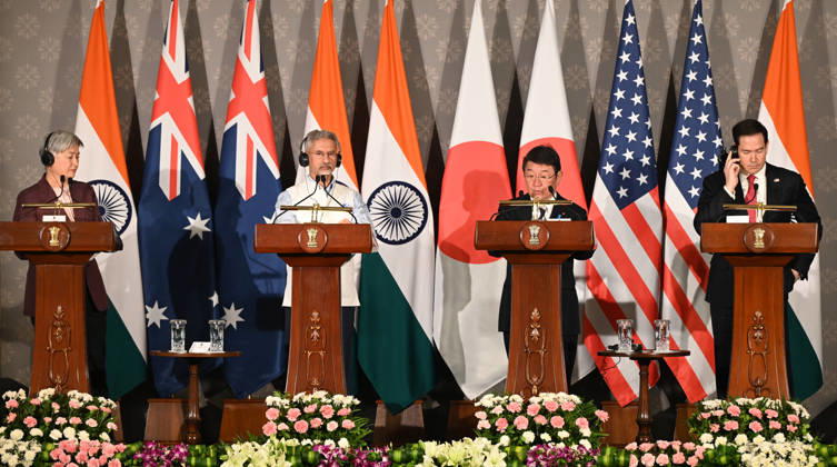 NEW DELHI, INDIA - MAY 26: (L-R) Australian Foreign Minister Penny Wong, External Affairs Minister S Jaishankar, Japanese Foreign Minister Toshimitsu Motegi and US Secretary of State Marco Rubio address a joint press conference following the conclusion of the 11th Quad Foreign Ministers Meeting at Hyderabad House on May 26, 2026 in New Delhi, India. In a strongly worded joint statement, the ministers unequivocally condemned cross-border terrorism, explicitly calling out the horrific attacks perpetrated at Pahalgam in India and Bondi Beach in Australia. Turning their focus to the economic fallout of the broader West Asia crisis, the grouping collectively issued a sharp warning against maritime disruption in the Strait of Hormuz and the Red