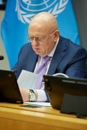 May 26, 2026, New York, New York, USA: Russian Ambassador to the United Nations Vassily Nebenzia briefs reporters during an in-person press briefing on a reported strike in Starobilsk, at U.N. Headquarters in New York, May 26, 2026. New York USA  - ZUMAs237 20260526_aap_s237_003 Copyright: xMarkxJ.xSullivanx