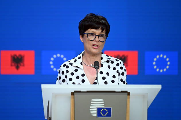 The 8th EU-Albania Accession Conference in Brussels BRUSSELS, BELGIUM - MAY 26: Albanian Prime Minister Edi Rama, Deputy Minister for European Affairs of the Republic of Cyprus Marilena Raouna, and European Commissioner for Enlargement Marta Kos hold a joint press conference after attending the 8th EU-Albania Accession Conference in Brussels, Belgium, on May 26, 2026. Dursun Aydemir Anadolu Brussels Belgium. Editorial use only. Please get in touch for any other usage.  Copyright: x2026xAnadoluxDursunxAydemirx