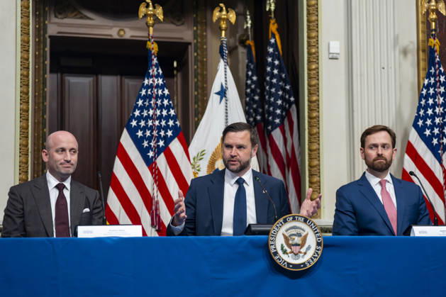 White House Chief of Staff for Policy Stephen Miller, Vice President JD Vance and Chairman of the Federal Trade Commission and Anti-Fraud Task Force Vice Chair Andrew Ferguson attend a roundtable on anti-fraud initiatives in the Indian Treaty Room in the Eisenhower Executive Building near the White House in Washington, DC on Tuesday, May 26, 2026.  WAP20260526301 BONNIExCASH