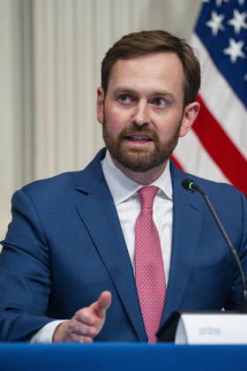 Chairman of the Federal Trade Commission and Anti-Fraud Task Force Vice Chair Andrew Ferguson speaks during a roundtable on anti-fraud initiatives in the Indian Treaty Room in the Eisenhower Executive Building near the White House in Washington, DC on Tuesday, May 26, 2026.  WAP20260526307 BONNIExCASH