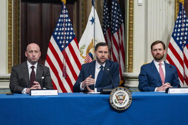 White House Chief of Staff for Policy Stephen Miller, Vice President JD Vance and Chairman of the Federal Trade Commission and Anti-Fraud Task Force Vice Chair Andrew Ferguson attend a roundtable on anti-fraud initiatives in the Indian Treaty Room in the Eisenhower Executive Building near the White House in Washington, DC on Tuesday, May 26, 2026.  WAP20260526317 BONNIExCASH