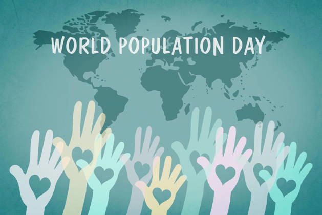 World Population Day, Hand mit Herz, internationale Gleichberechtigung, Konzept für Freundschaft und Frieden, Bewusstsein für globale Probleme