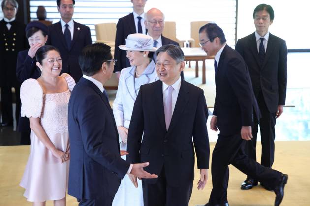 Philippine President Marcos Jr. in Japan Japanese Emperor Naruhito (front, R) chats with Philippine President Ferdinand Marcos Jr. (front L) at the Imperial Palace in Tokyo on May 27, 2026. Behind them are his wife Louise Araneta-Marcos (back, L) and Japanese Empress Masako. (Pool photo)  A14AA0005616889P