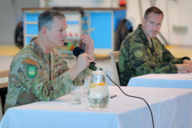 From left Haed of NATO Supreme Allied Command in Europe (SACEUR) Alexus Grynkewich and Czech Chief of General Staff Karel Rehka attend a press conference to mark the end of a two-day visit by Alexus Grynkewich, 22nd helicopter base, Namest nad Oslavou, Czech Republic. (CTKxPhoto LiborxPlihal) CTKPhotoP2026052704901  CTKPhotoP2026052704901