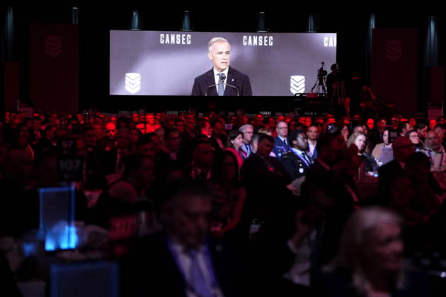 May 27, 2026, Ottawa, On, CANADA: Prime Minister Mark Carney is seen on a screen as he makes an address at the Canadian Association of Defence and Security Industries annual defence industry trade show CANSEC, in Ottawa, on Wednesday, May 27, 2026. Ottawa CANADA  - ZUMAc35_ 20260527_zaf_c35_004 Copyright: xJustinxTangx