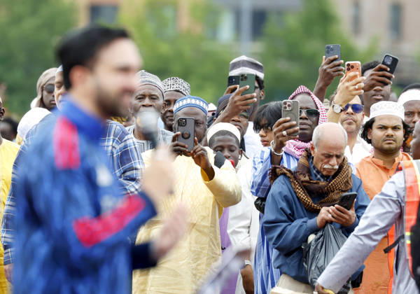 New York City Mayor Zohran Kwame Mamdani speaks to worshipers after he participates in Eid al-Adha prayers at Macombs Dam Park on Wednesday, May 27 2026 in New York City. Eid al-Adha, also known as the Festival of Sacrifice, is the second major Islamic festival of the year.  NYP20260527118 JOHNxANGELILLO