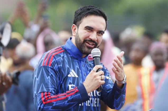 New York City Mayor Zohran Kwame Mamdani speaks to worshipers after he participates in Eid al-Adha prayers at Macombs Dam Park on Wednesday, May 27 2026 in New York City. Eid al-Adha, also known as the Festival of Sacrifice, is the second major Islamic festival of the year.  NYP20260527119 JOHNxANGELILLO