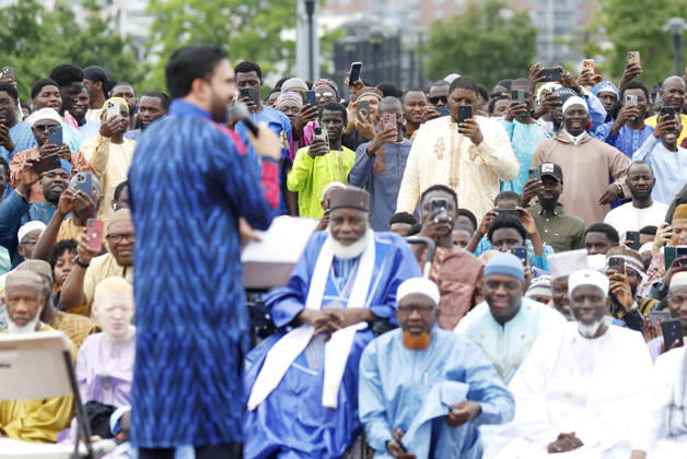 New York City Mayor Zohran Kwame Mamdani speaks to worshipers after he participates in Eid al-Adha prayers at Macombs Dam Park on Wednesday, May 27 2026 in New York City. Eid al-Adha, also known as the Festival of Sacrifice, is the second major Islamic festival of the year.  NYP20260527123 JOHNxANGELILLO