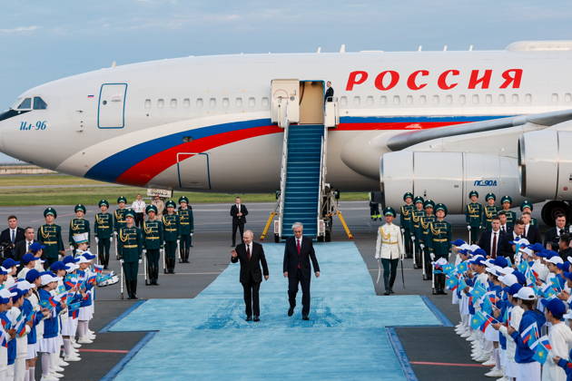 KAZAKHSTAN, ASTANA - MAY 27, 2026: Russia s President Putin and Kazakhstan s President Kassym-Jomart Tokayev (L-R centre) are seen during a ceremony marking Putin s arrival at Nursultan Nazarbayev International Airport. The Russian president arrived in Kazakhstan on a state visit. Alexander Shcherbak TASS  93101370