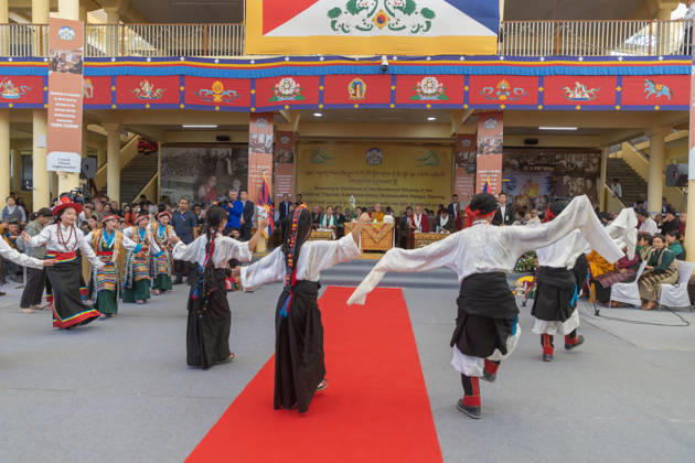 May 27, 2026, Dharamshala, Himachal Pradesh, India: Artist from TIPA perform dance as Tibetan Spiritual Leader the Dalai Lama (c), newly re-elected Sikyong Penpa Tsering (1st R), sitting on the dice with other dignitaries during Swearing-in Ceremony of the re-elected Sikyong of the Central Tibetan Administration (CTA) Penpa Tsering at Tsugla Khang Temple, Mcleodganj, Dharamshala on Wednesday...NOTE; EDITORIAL USE ONLY. Dharamshala India  - ZUMAb235 20260527_zip_b235_009 Copyright: xShaileshxBhatnagarx