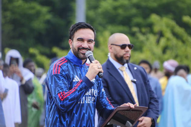 NEW YORK, NY- MAY 27: Mayor Zohran Mamdani attends Eid al-Adha prayers this morning at Yancey Track and Field at Macombs Dam Park in the Bronx; wearing arsenal attire on May 27, 2026 in New York City. Copyright: xKatiexGodowski MediaPunchx