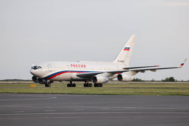 KAZAKHSTAN, ASTANA - MAY 27, 2026: An aircraft carrying Russia s President Putin arrives at Nursultan Nazarbayev International Airport. The Russian president arrived in Kazakhstan on a state visit. Alexander Kazakov Russian Presid  93103692