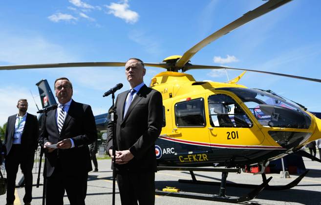 May 27, 2026, Ottawa, On, CANADA: Canada s Minister of National Defence David McGuinty, right, and German s Minister of Defence Boris Pistorius, left, participate in a joint media availability in front of a CT-153 Juno (Airbus H135) helicopter, at the Canadian Association of Defence and Security Industries annual defence industry trade show CANSEC, in Ottawa, on Wednesday, May 27, 2026. Ottawa CANADA - ZUMAc35_ 20260527_zaf_c35_076 Copyright: xJustinxTangx