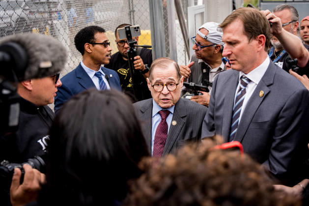 Rep. Jerrold Nadler (D-N.Y.) and Rep. Daniel Goldman (D-N.Y.) speak to advocates of detainees before going into Delaney Hall Detention Center in Newark, N.J. on Wednesday, May 27, 2026. Detainees have started a hunger strike to protest what they call inhumane conditions inside the ICE detention center.  NYP202605279017 ANGELINAxKATSANIS