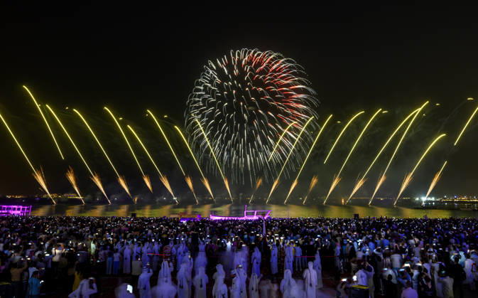 May 27, 2026, Doha, Qatar: Fireworks seen displayed during Eid al-Adha celebrations marking the first day of the Muslim festival of Eid al-Adha at Katara Cultural Village. Muslims around the world celebrate Eid al-Adha, one of Islams most important holidays, which commemorates Prophet Abrahams willingness to sacrifice his son in obedience to God Doha Qatar - ZUMAs197 20260527_aaa_s197_099 Copyright: xNoushadxVariyattiyakkalx