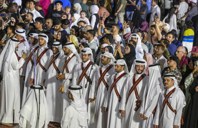 May 27, 2026, Doha, Qatar: A Qatari traditional band seen performing during Eid al-Adha celebrations marking the first day of the Muslim festival of Eid al-Adha at Katara Cultural Village. Muslims around the world celebrate Eid al-Adha, one of Islams most important holidays, which commemorates Prophet Abrahams willingness to sacrifice his son in obedience to God Doha Qatar - ZUMAs197 20260527_aaa_s197_101 Copyright: xNoushadxVariyattiyakkalx