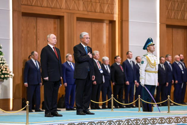 KAZAKHSTAN, ASTANA - MAY 28, 2026: Russia s President Vladimir Putin and Kazakhstan s President Kassym-Jomart Tokayev (L-R front) pose during a welcome ceremony at the Independence Palace. Alexander Shcherbak TASS  93123484