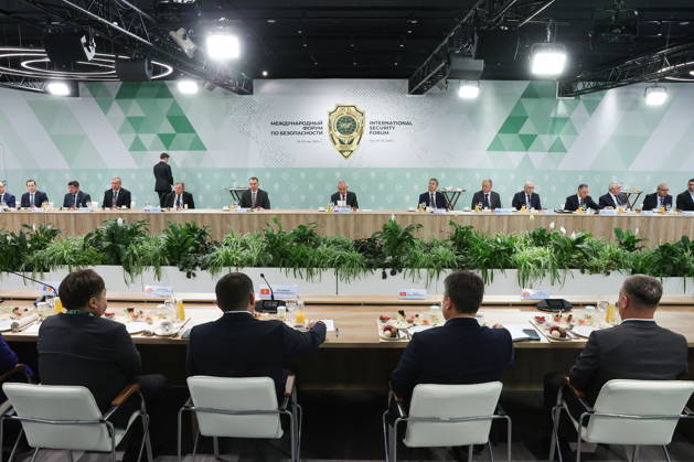 RUSSIA, MOSCOW REGION - MAY 28, 2026: Russian Security Council Secretary Sergei Shoigu (C back) attends an informal meeting of secretaries of security councils of the CIS states on the sidelines of the 1st International Security Forum. Valery Sharifulin TASS  93123813