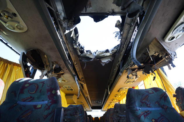RUSSIA, DONETSK PEOPLE S REPUBLIC - MAY 28, 2026: The interior a Makeyevka-to-Sevastopol intercity coach damaged in a drone attack near Donetsk. Dmitry Yagodkin TASS  93124333
