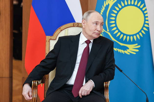KAZAKHSTAN, ASTANA - MAY 28, 2026: Russia s President Vladimir Putin looks on during a meeting with Kazakhstan s President Kassym-Jomart Tokayev at the Independence Palace. Alexander Kazakov Russian Presidential Press and Information Office TASS  93125140