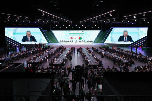 RUSSIA, MOSCOW REGION - MAY 28, 2026: Russian Security Council Secretary Sergei Shoigu (on screens) attends the opening of the 14th International Meeting of High Representatives for Security Issues on the sidelines of the 1st International Security Forum. Valery Sharifulin TASS  93125157