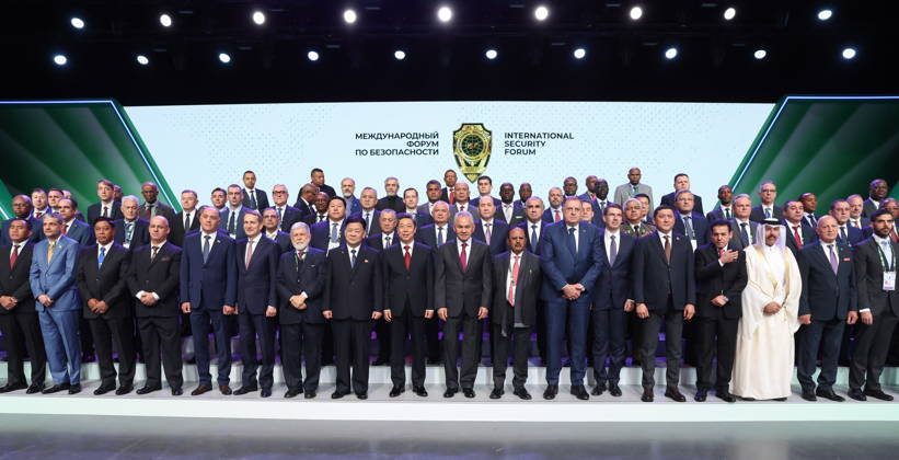 RUSSIA, MOSCOW REGION - MAY 28, 2026: Russian Security Council Secretary Sergei Shoigu (C) poses for a group photograph at the opening of the 14th International Meeting of High Representatives for Security Issues on the sidelines of the 1st International Security Forum. Valery Sharifulin TASS  93125464