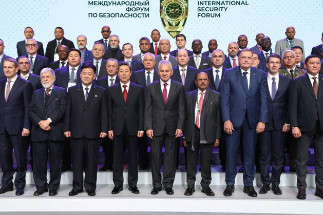 RUSSIA, MOSCOW REGION - MAY 28, 2026: Russian Security Council Secretary Sergei Shoigu (5th R front) poses for a group photograph at the opening of the 14th International Meeting of High Representatives for Security Issues on the sidelines of the 1st International Security Forum. Valery Sharifulin TASS  93125467