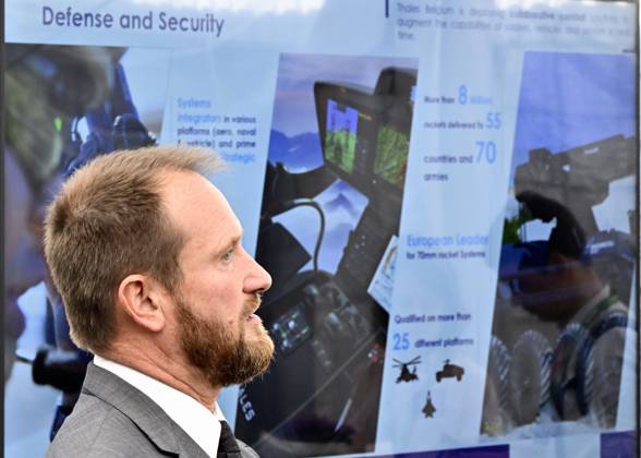Thales Belgium CEO Alain Quevrin pictured during a visit to the Thales rocket systems production site in Herstal, on Thursday 28 May 2026. French aerospace and defence corporation Thales Group is presenting their SkyDefender missile defence system.  ERICxLALMAND 175246650