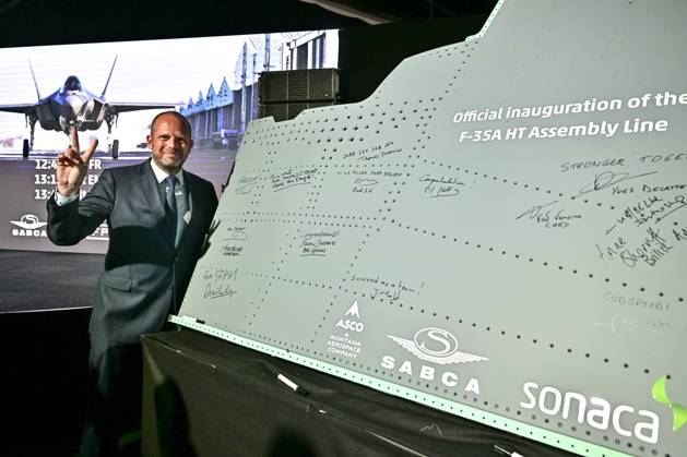Minister of Defence and Foreign Trade Theo Francken poses for the photographer after the official opening of the new production line dedicated to the F-35 program of aerospace company Sonaca, on Thursday 28 May 2026 in Sonacas site in Gosselies, Charleroi.  DIRKxWAEM 175256476