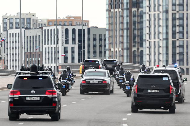 KAZAKHSTAN, ASTANA - MAY 28, 2026: A motorcade of Russia s President Vladimir Putin during his state visit to Kazakhstan. Alexander Kazakov Russian Presidential Press and Information Office TASS  93130778