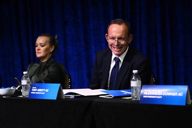 LIBERAL FEDERAL COUNCIL MEETING, Former prime minister Tony Abbott (right) after being elected as the next Federal Liberal Party president during the Liberal Party Federal Council Meeting in Melbourne, Friday, May 29, 2026. ( NO ARCHIVING MELBOURNE VICTORIA AUSTRALIA  Copyright: xJOELxCARRETTx 20260529165215471838